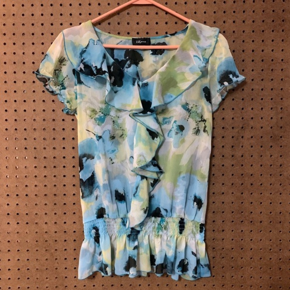 VTG‎ Y2K IZ Byer  Top Fairy Boho Blouse Medium Sheer Flowy Ruffle Rouched Waist